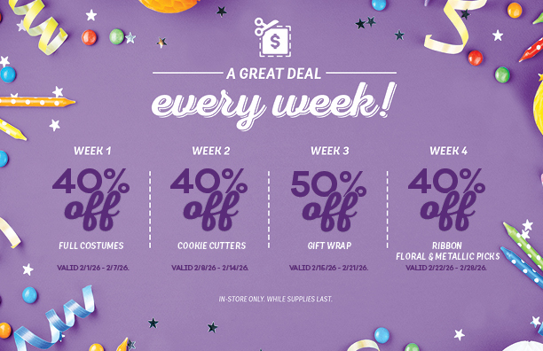 40% off full costumes 40% off cookie cutters, 50% off gift wrap, 40% off ribbon. metallic and floral picks